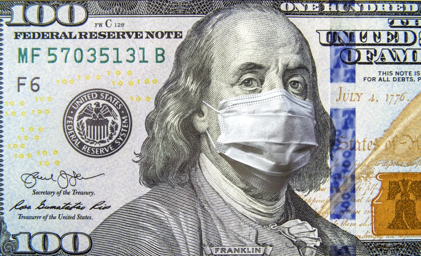 Benjamin Franklin on the 100 dollar bill, wearing a surgical mask.